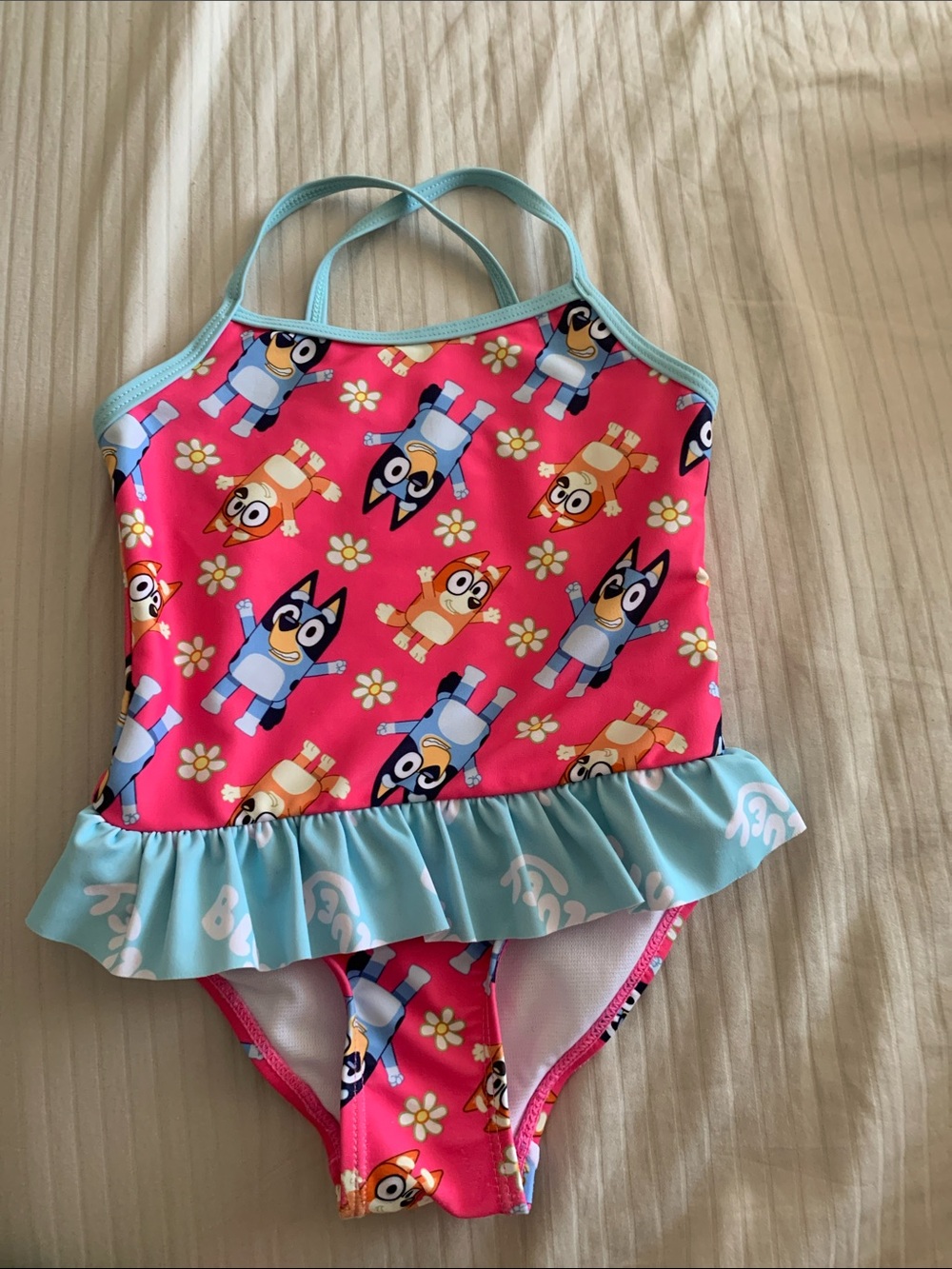 Girls' Pink & Light Blue Ruffle One-Piece Swimsuit with Character Print